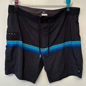 Rip Curl Men’s Board Shorts Size 38 Black Blue Stripe Surf Swim Trunks Beachwear
